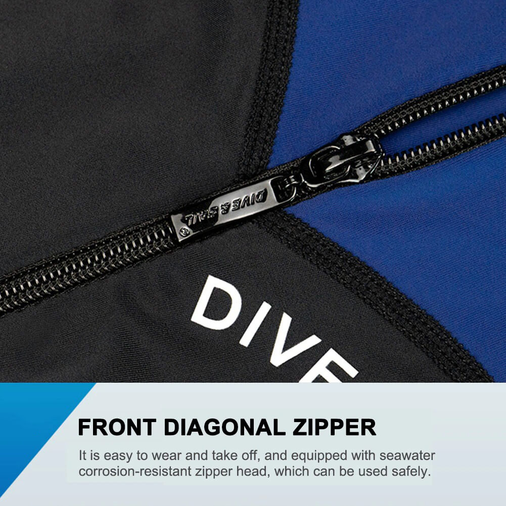 Front diagonal zipper of women's neoprene wetsuit for surfing and diving, with corrosion-resistant features for easy use.